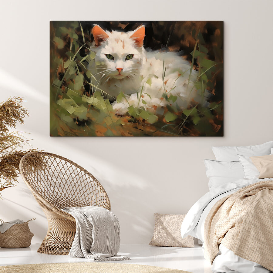 Witte kat ligt in het gras