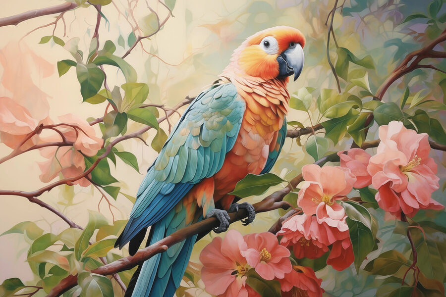 Kleurrijke vogel zittend op een tak met bloemen