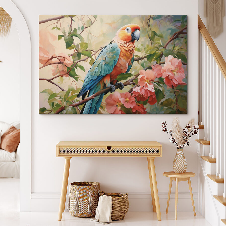 Kleurrijke vogel zittend op een tak met bloemen
