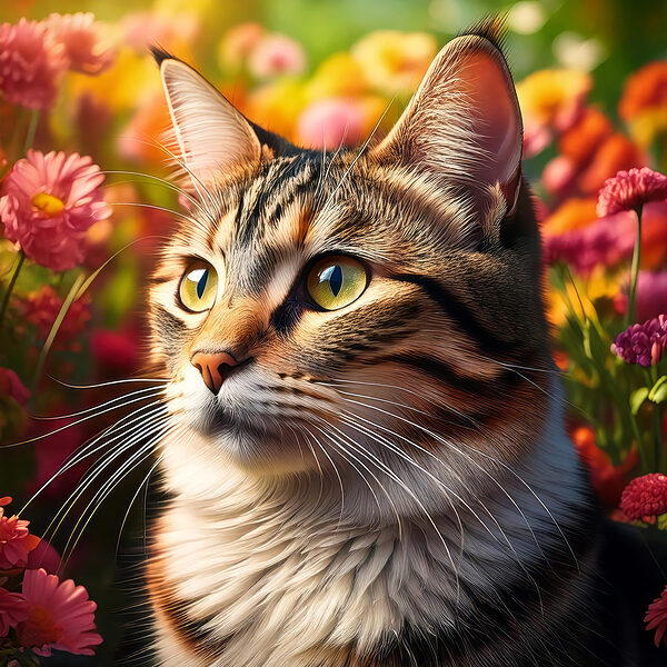 Kat in een bloementuin Kat in een bloementuin