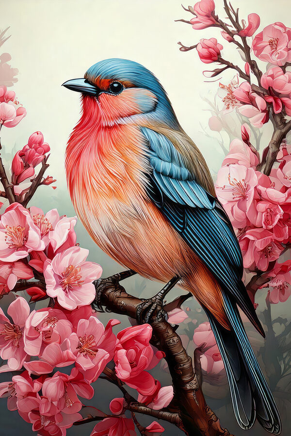 Kleurrijke vogel zittend op een tak met roze bloemen Kleurrijke vogel zittend op een tak met roze bloemen