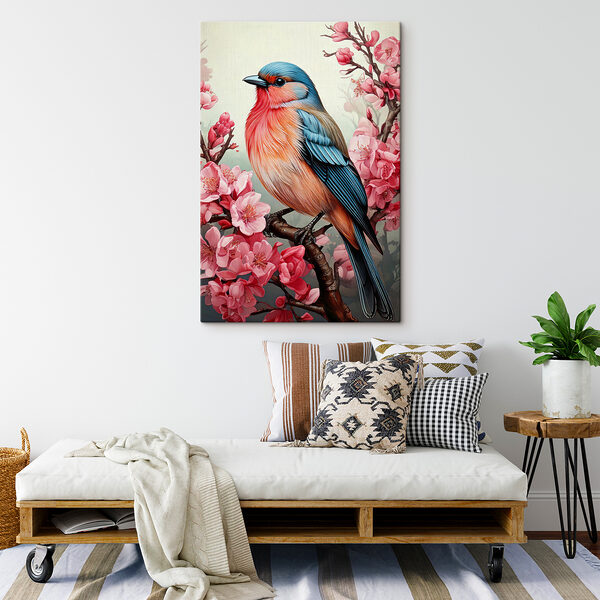 Kleurrijke vogel zittend op een tak met roze bloemen Kleurrijke vogel zittend op een tak met roze bloemen