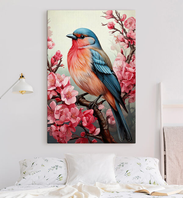 Kleurrijke vogel zittend op een tak met roze bloemen Kleurrijke vogel zittend op een tak met roze bloemen