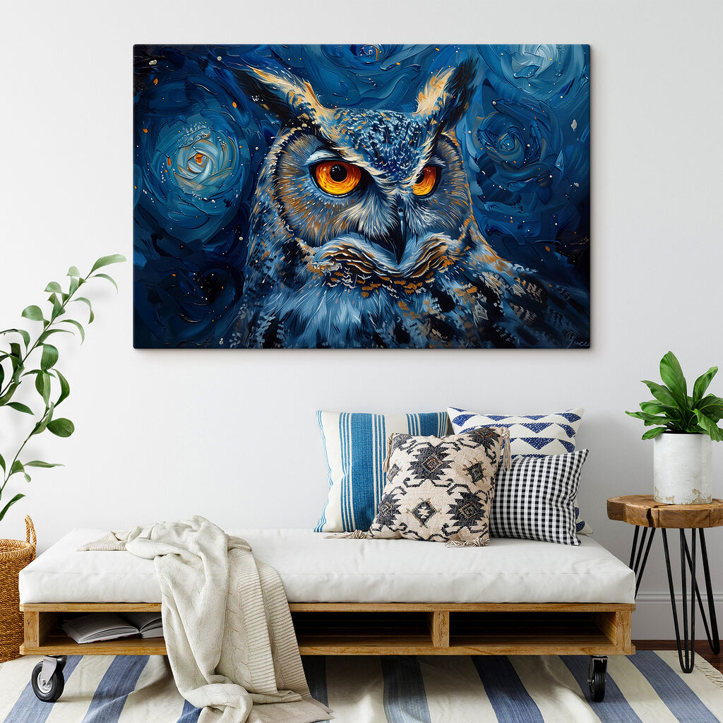 An owl with orange eyes