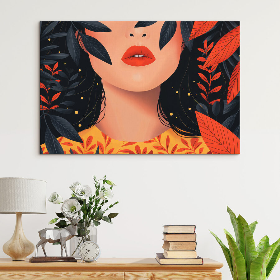 Vrouw met rode lippen en zwarte bladeren