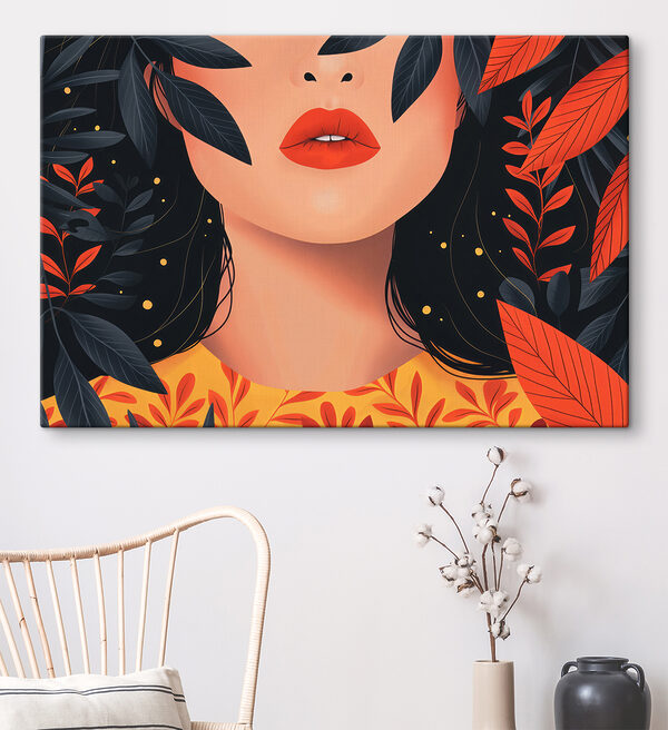 Vrouw met rode lippen en zwarte bladeren Vrouw met rode lippen en zwarte bladeren