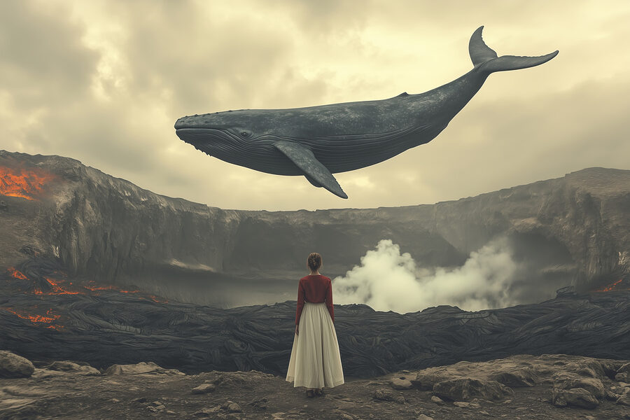 Vrouw kijkt naar een walvis die over een vulkaan vliegt