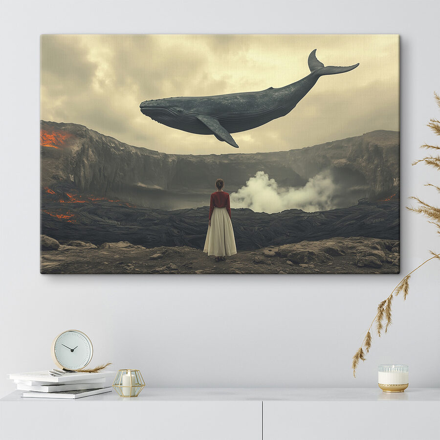 Vrouw kijkt naar een walvis die over een vulkaan vliegt