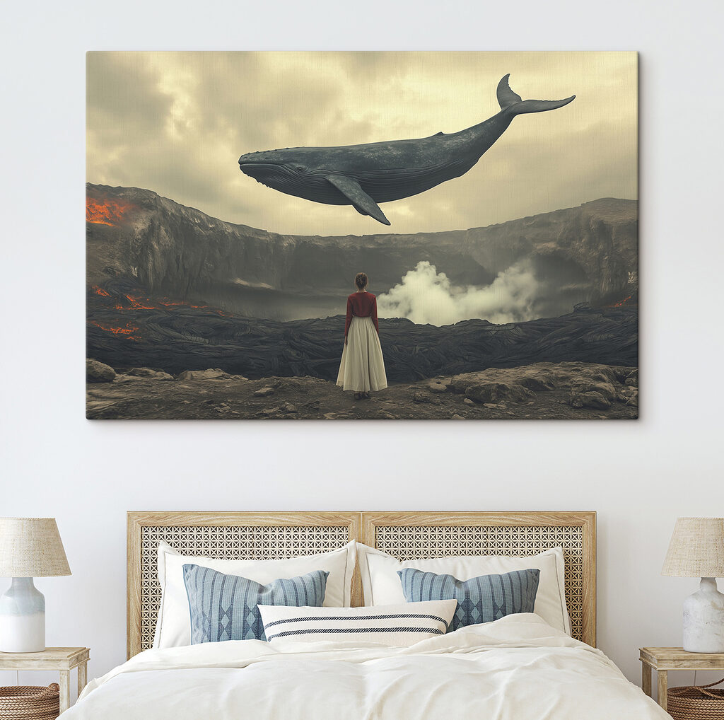Woman looking at a whale flying over a volcano Woman looking at a whale flying over a volcano