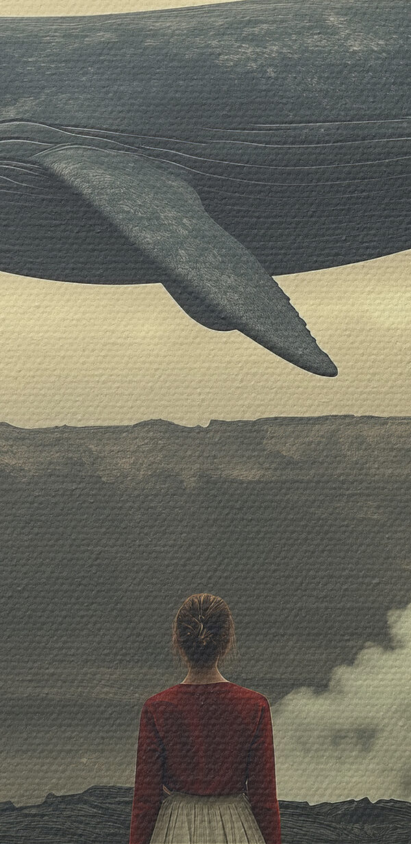 Vrouw kijkt naar een walvis die over een vulkaan vliegt Vrouw kijkt naar een walvis die over een vulkaan vliegt