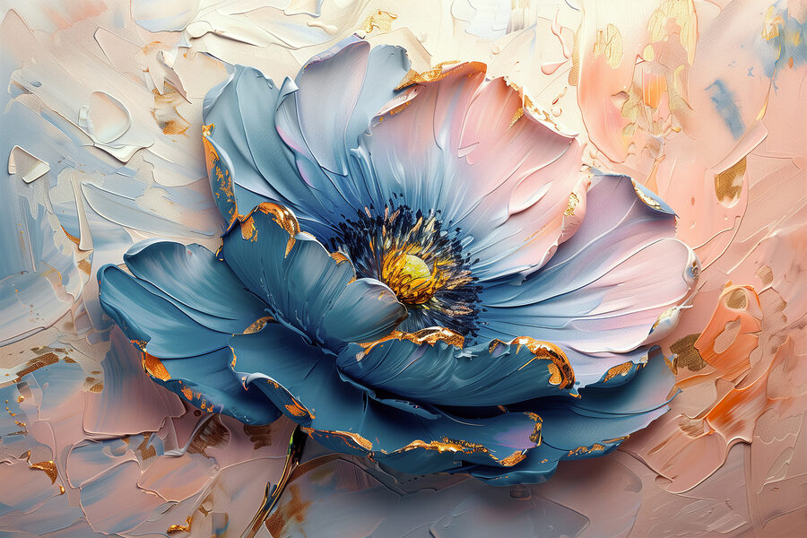 Blauwe bloemblaadjes sieren het canvas.