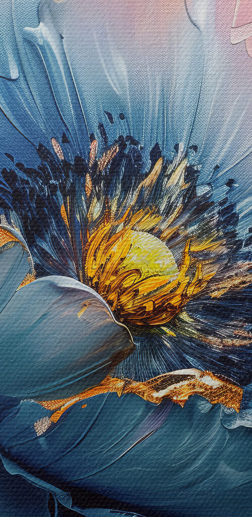 Blue petals adorn the canvas