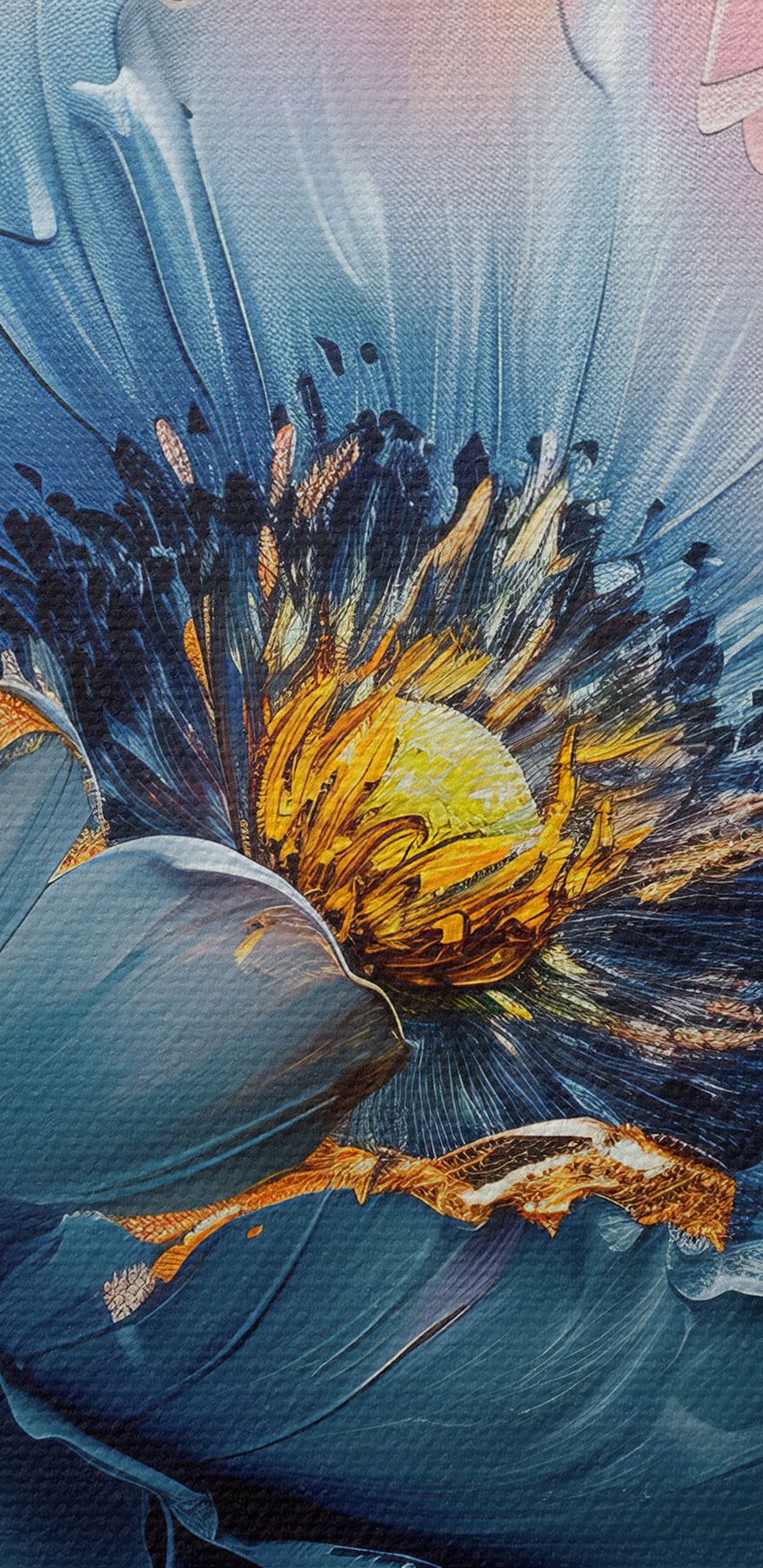 Blauwe bloemblaadjes sieren het canvas.
