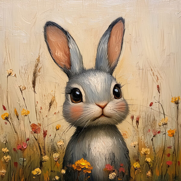 Schilderij van een konijn in een bloemenveld Schilderij van een konijn in een bloemenveld