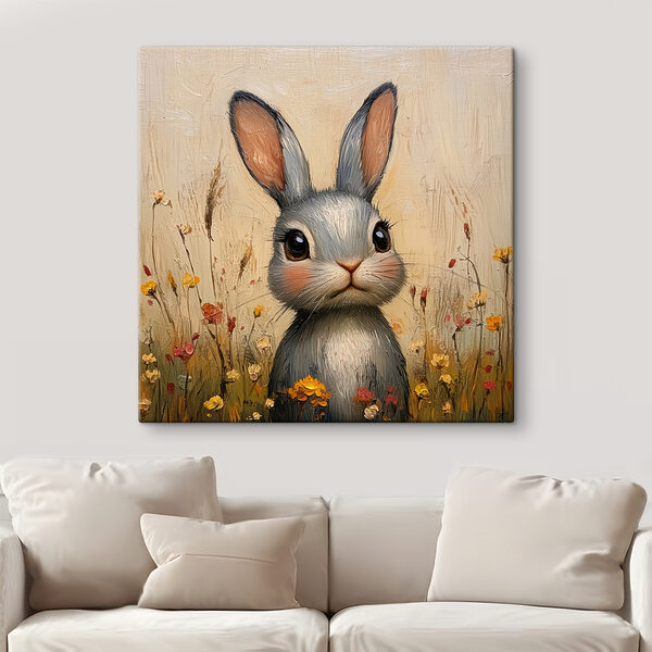 Schilderij van een konijn in een bloemenveld Schilderij van een konijn in een bloemenveld