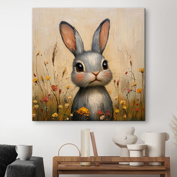 Schilderij van een konijn in een bloemenveld Schilderij van een konijn in een bloemenveld