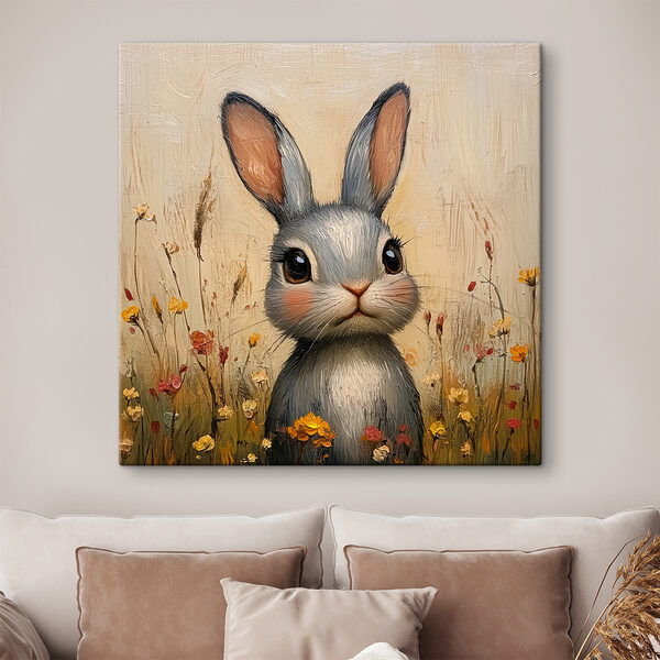 Schilderij van een konijn in een bloemenveld Schilderij van een konijn in een bloemenveld