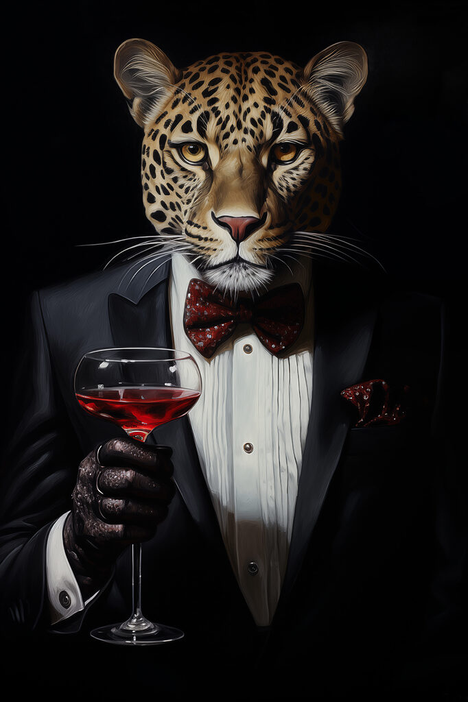 Leopard wearing a suit and bow tie holding a wine glass