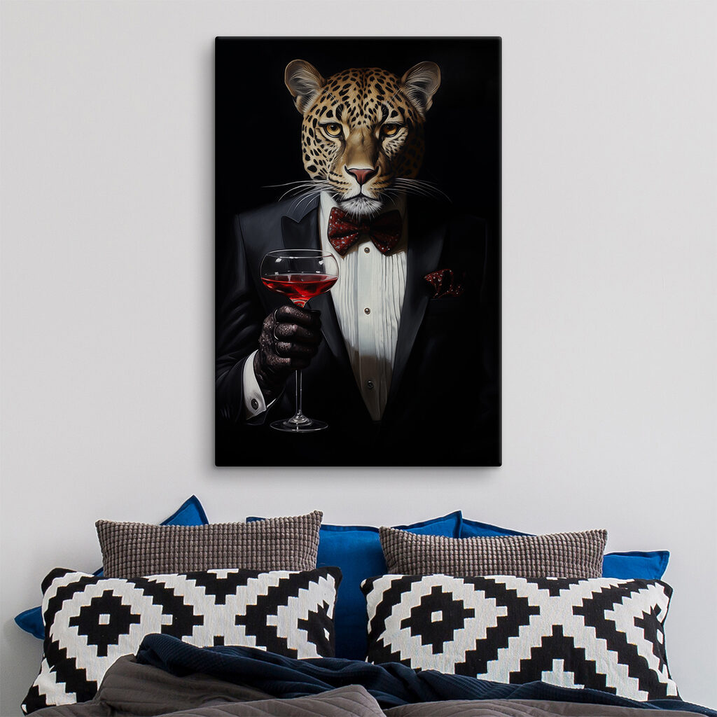 Leopard wearing a suit and bow tie holding a wine glass