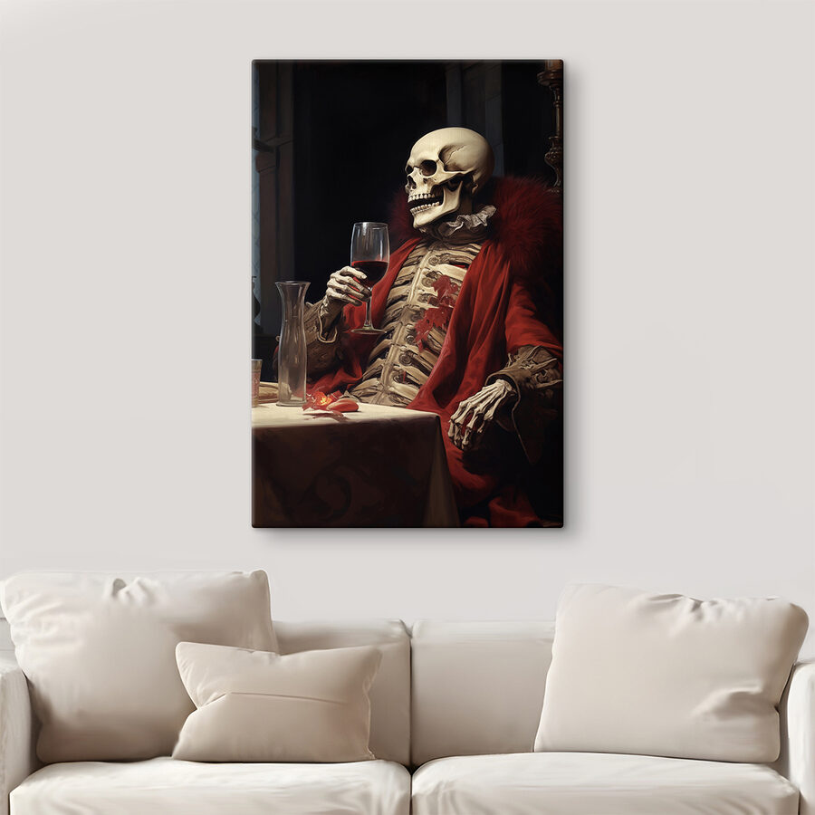 Skelet met een glas wijn