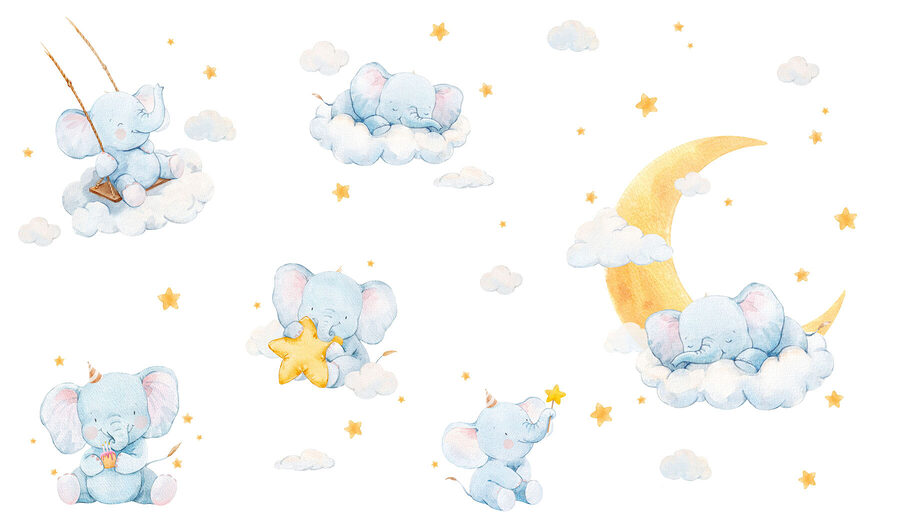 Groep olifanten in wolken en sterren