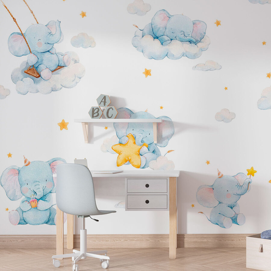 Groep olifanten in wolken en sterren