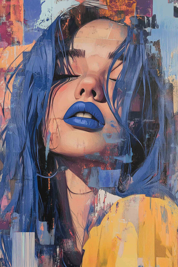 Vrouw met blauw haar en blauwe lippenstift Vrouw met blauw haar en blauwe lippenstift