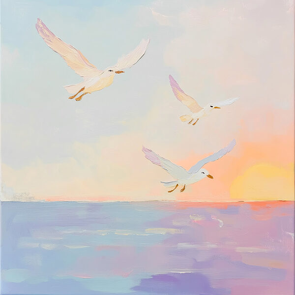 Schilderij van vogels vliegend over water Schilderij van vogels vliegend over water