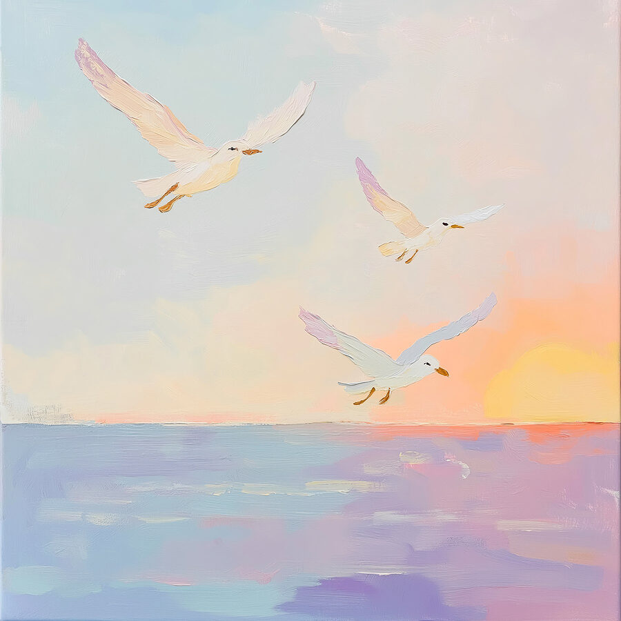 Schilderij van vogels vliegend over water Schilderij van vogels vliegend over water