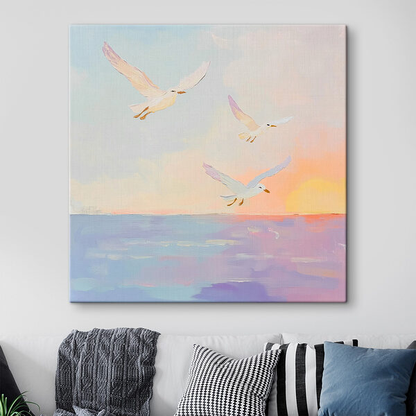 Schilderij van vogels vliegend over water Schilderij van vogels vliegend over water