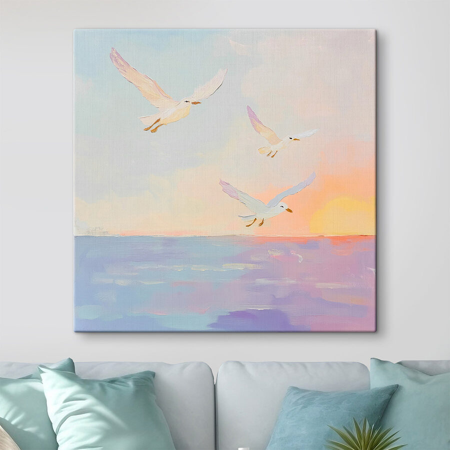 Schilderij van vogels vliegend over water Schilderij van vogels vliegend over water