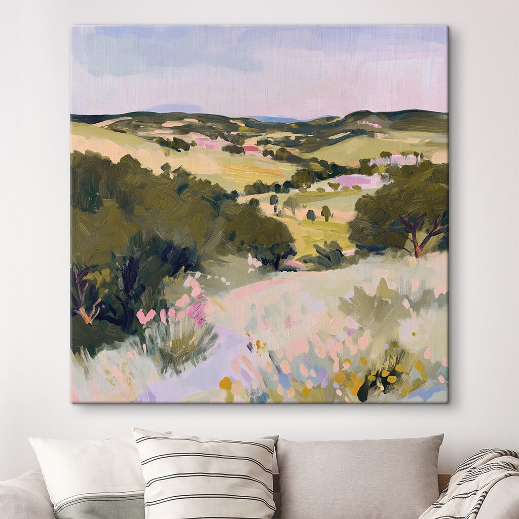Painting of a landscape with trees and hills