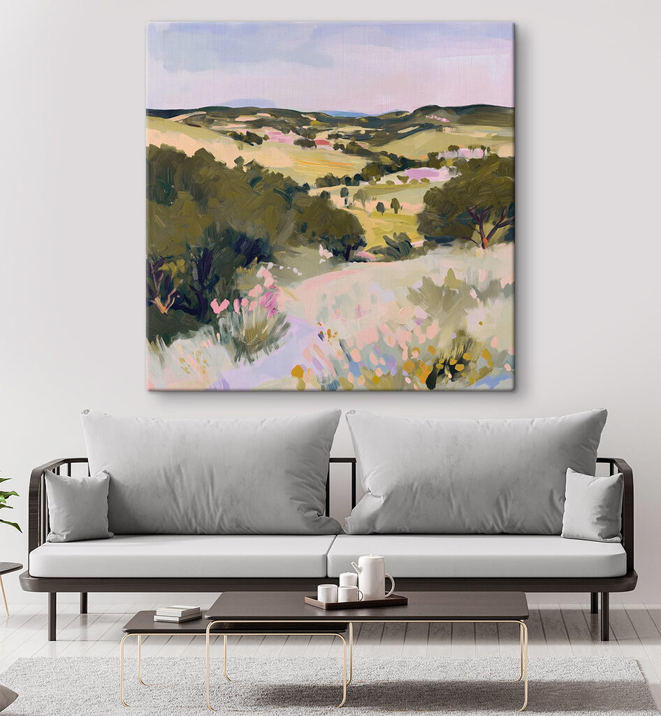 Painting of a landscape with trees and hills