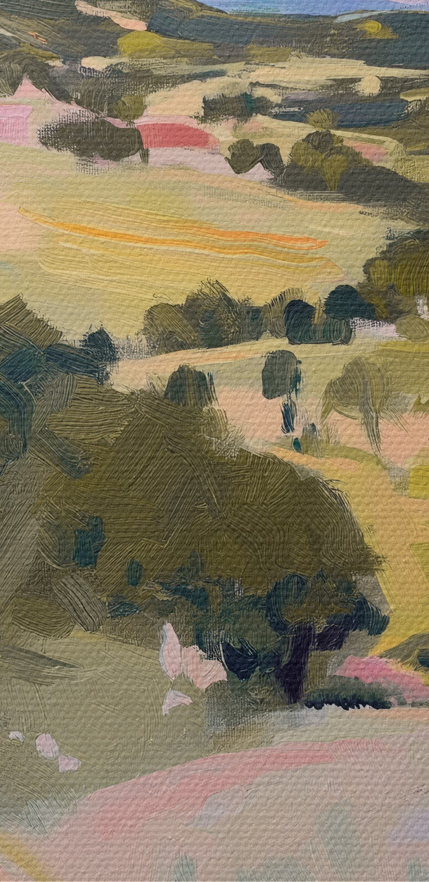 Schilderij van een landschap met bomen en heuvels