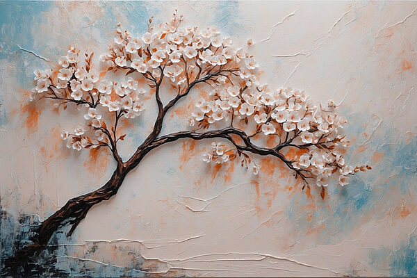 Schilderij van een boom met witte bloemen Schilderij van een boom met witte bloemen