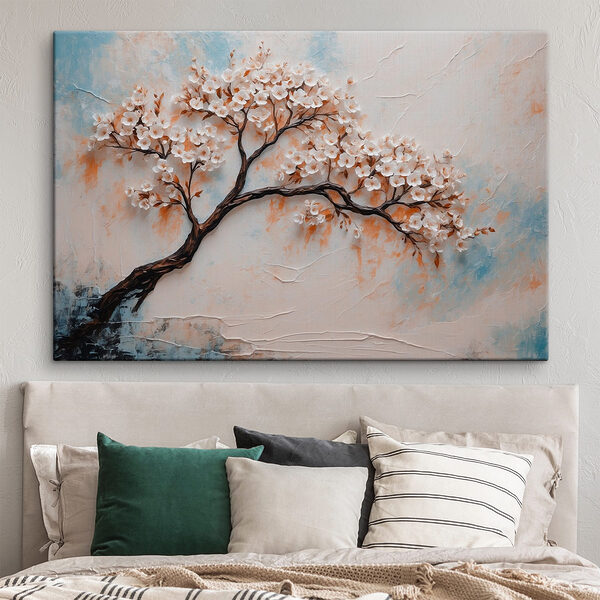 Schilderij van een boom met witte bloemen Schilderij van een boom met witte bloemen