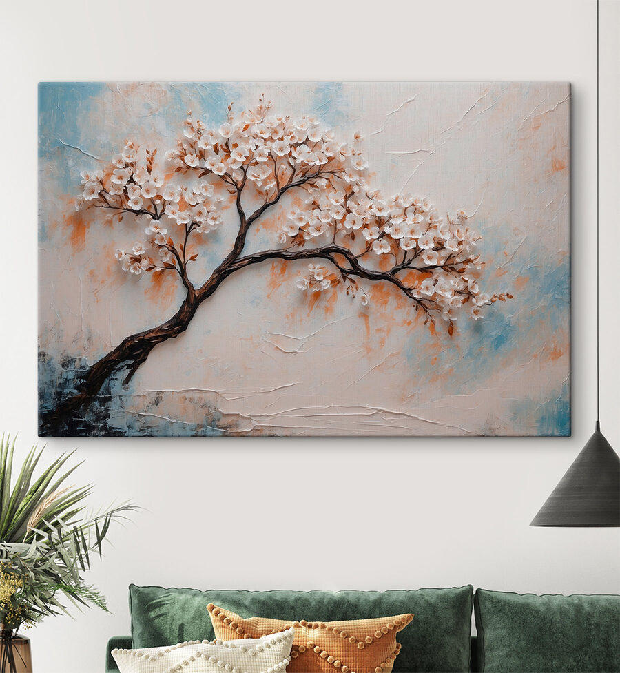Schilderij van een boom met witte bloemen