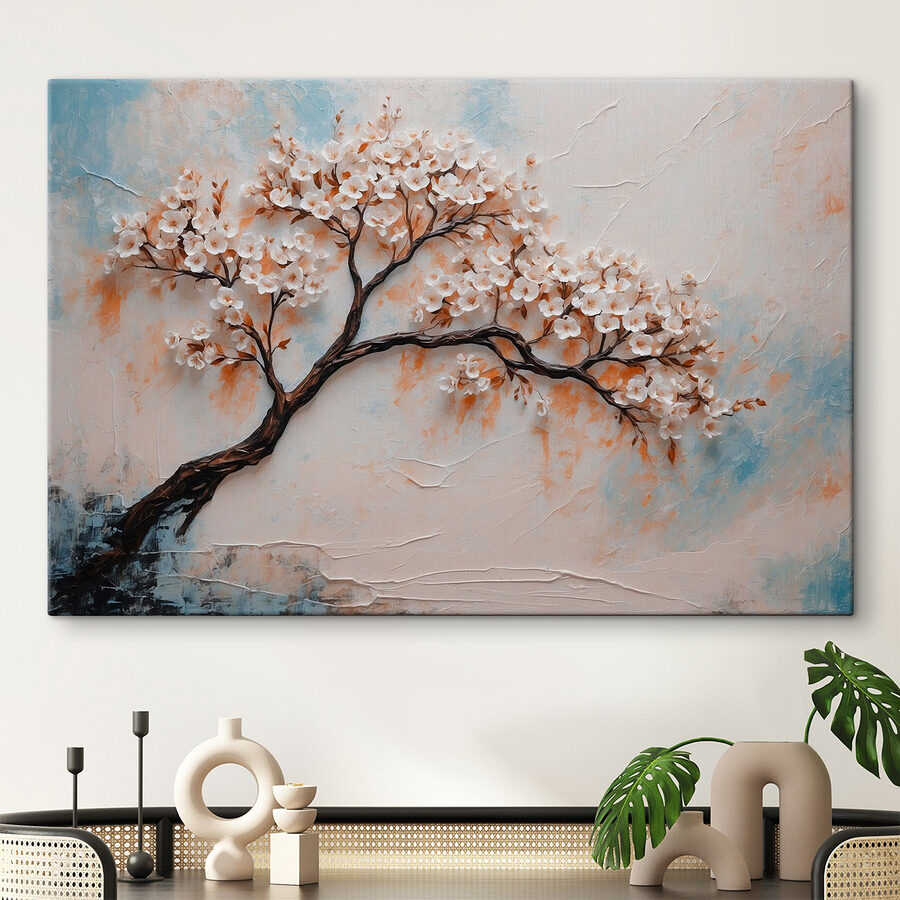 Schilderij van een boom met witte bloemen