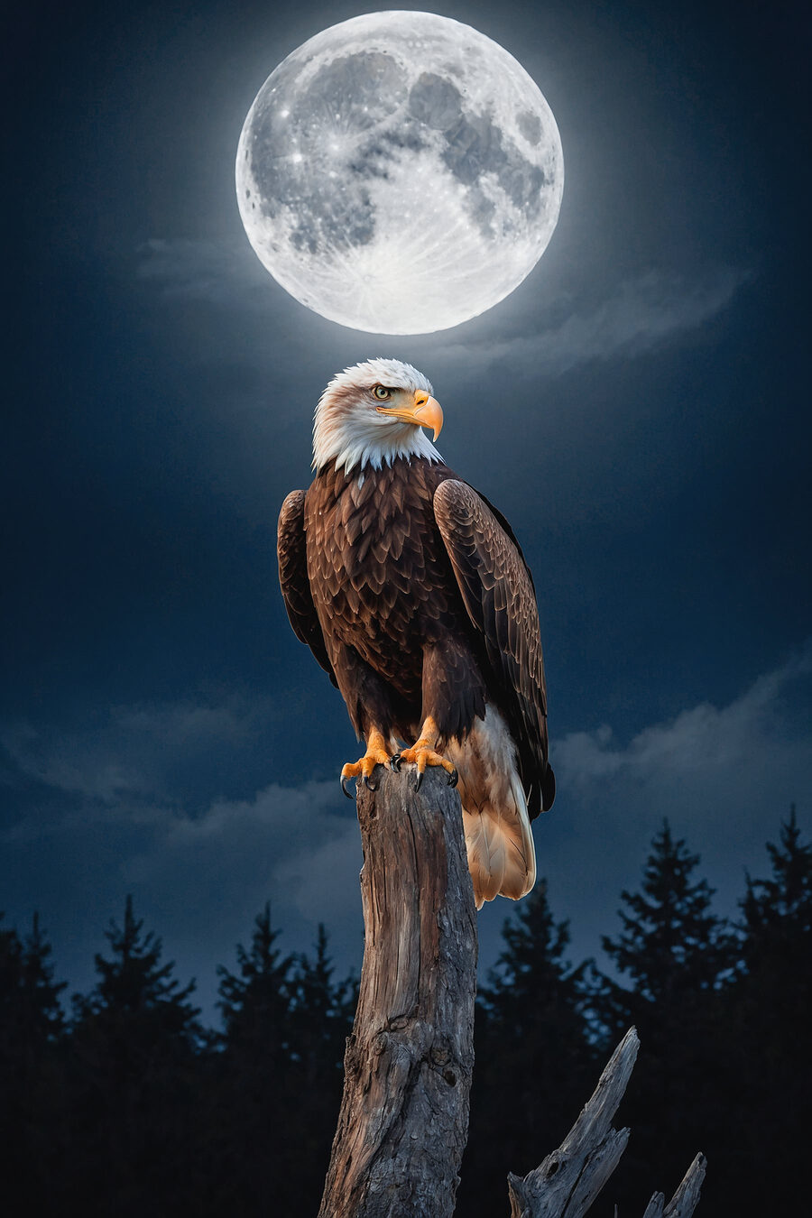 Zeearend op een paal met volle maan op de achtergrond