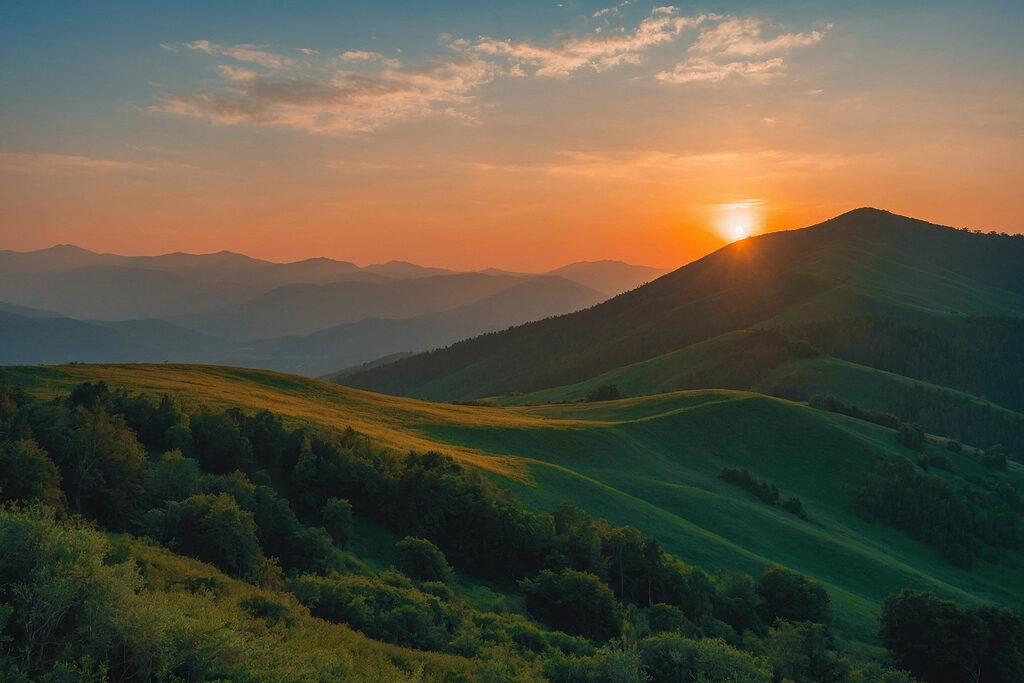 Sunset over a green hill Sunset over a green hill
