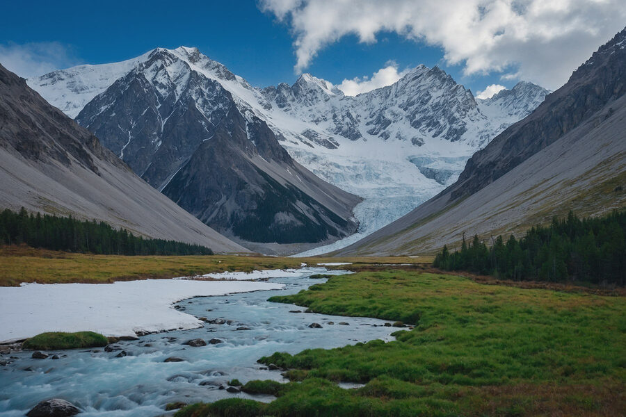 Rivier stroomt door een vallei met besneeuwde bergen