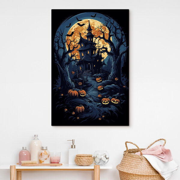 Spookhuis met pompoenen en volle maan Spookhuis met pompoenen en volle maan