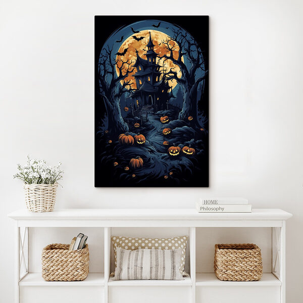 Spookhuis met pompoenen en volle maan Spookhuis met pompoenen en volle maan