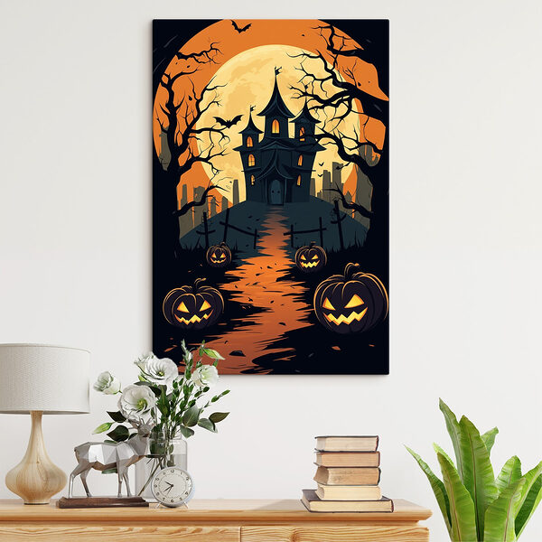 Cartoon van een huis met pompoenen en bomen Cartoon van een huis met pompoenen en bomen
