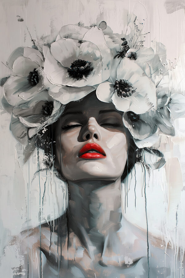 Schilderij van een vrouw met bloemen op haar hoofd Schilderij van een vrouw met bloemen op haar hoofd