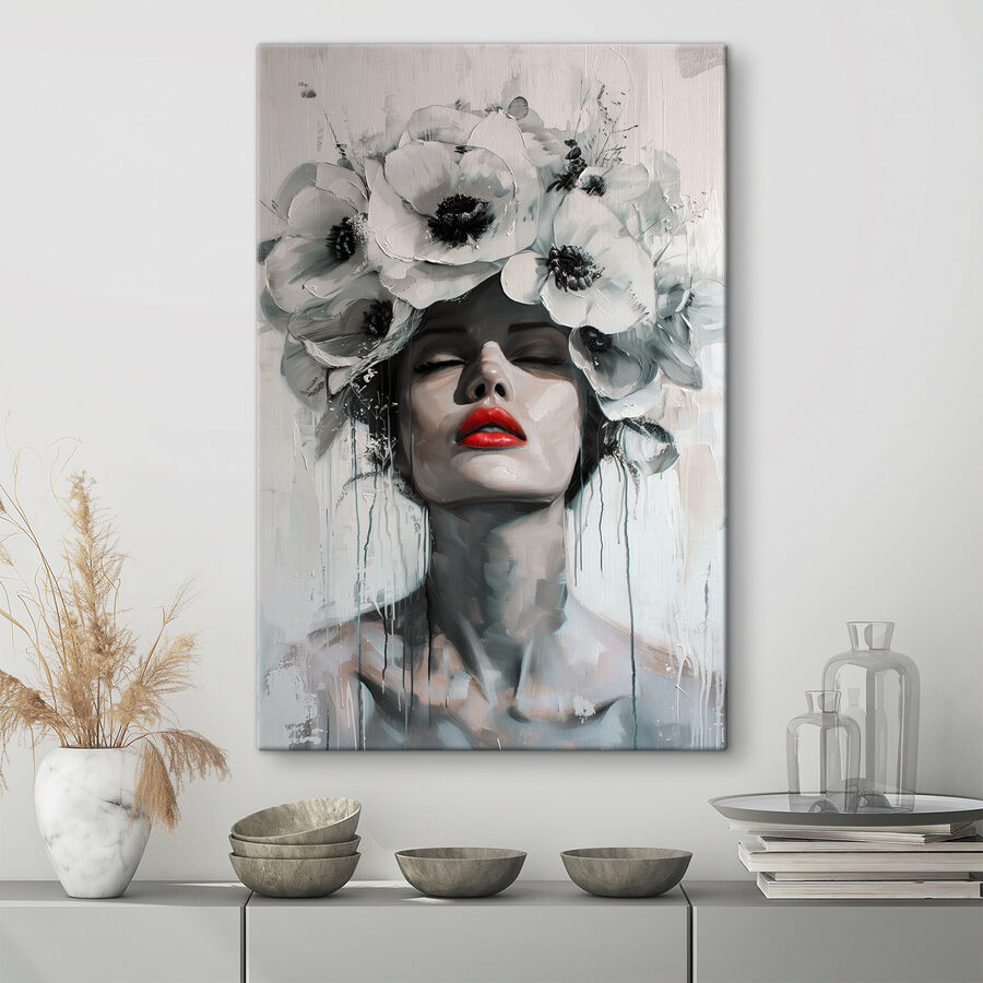 Schilderij van een vrouw met bloemen op haar hoofd