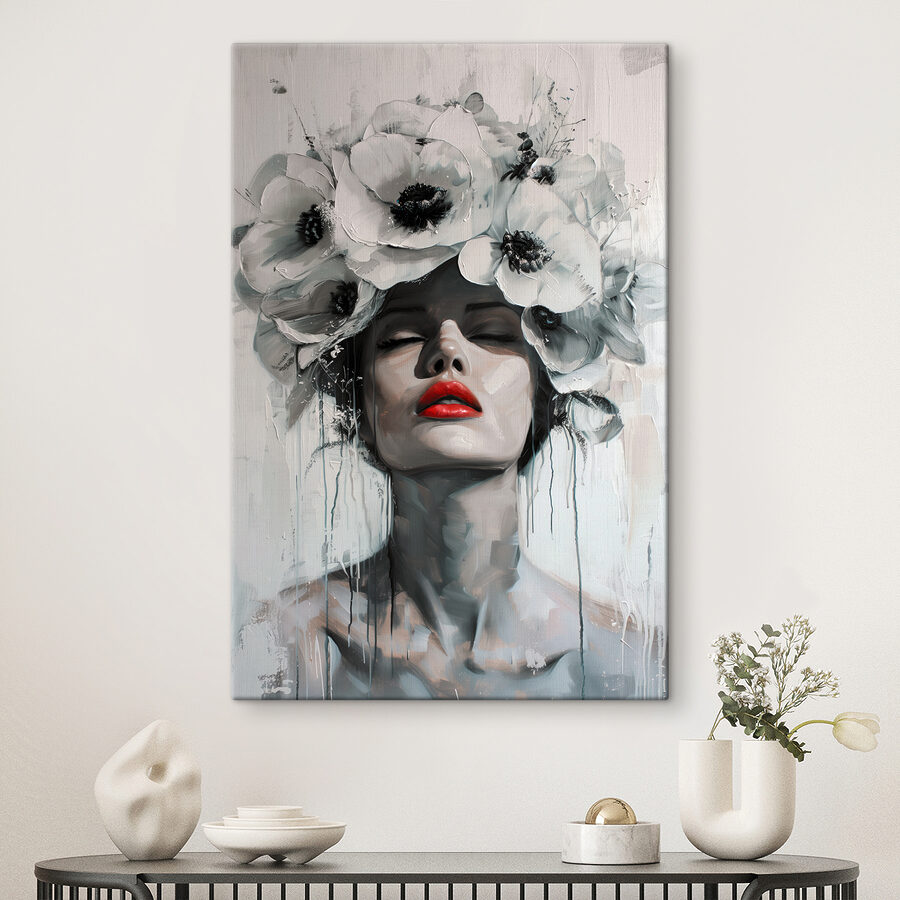 Schilderij van een vrouw met bloemen op haar hoofd