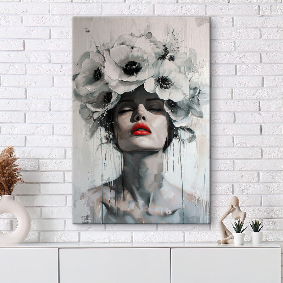 Schilderij van een vrouw met bloemen op haar hoofd