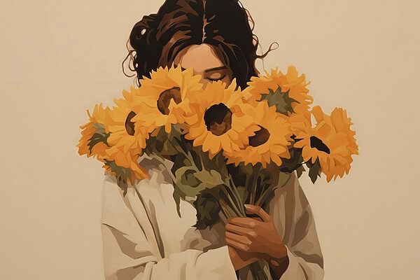 Vrouw met boeket zonnebloemen Vrouw met boeket zonnebloemen