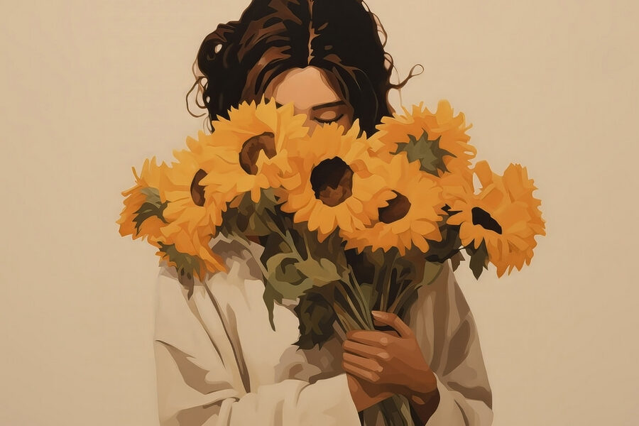 Vrouw met boeket zonnebloemen